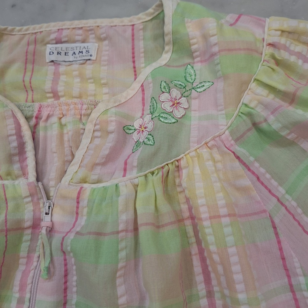 VTG Celestial Dreams Komar Muumuu Pastel Seersucker‎ Plaid Floral Housecoat S-M